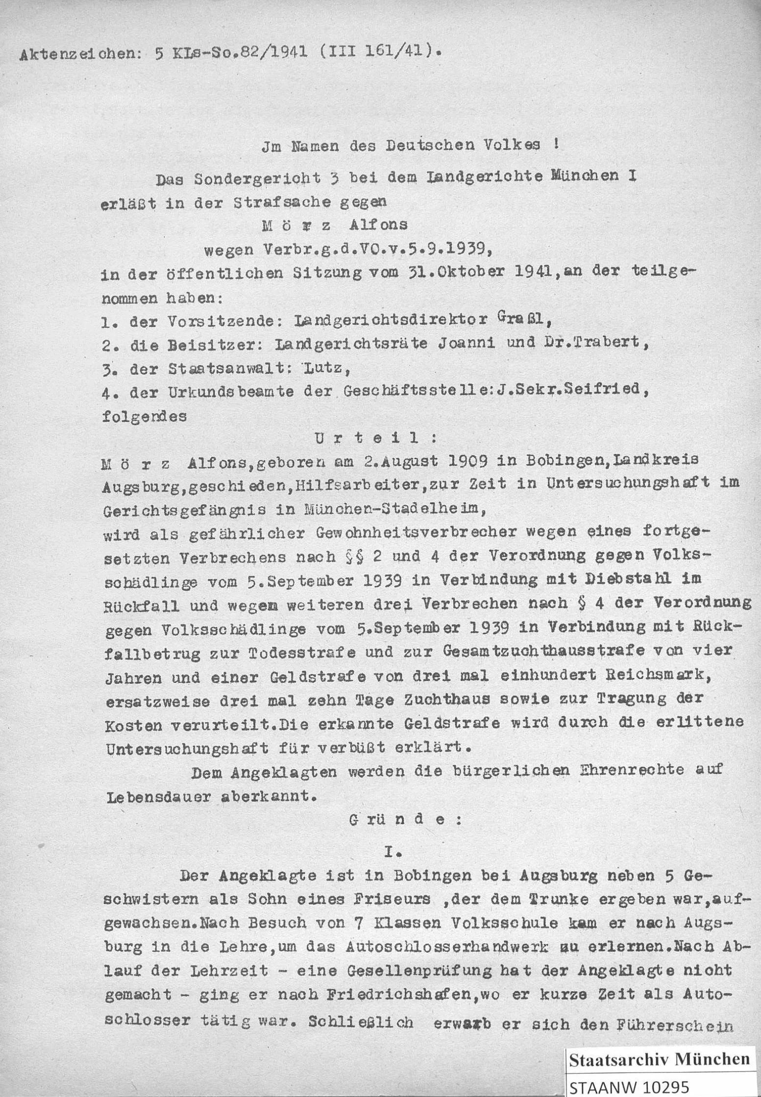 Urteil des Sondergerichts 3 beim Landgericht München 1. (Staatsarchiv München)