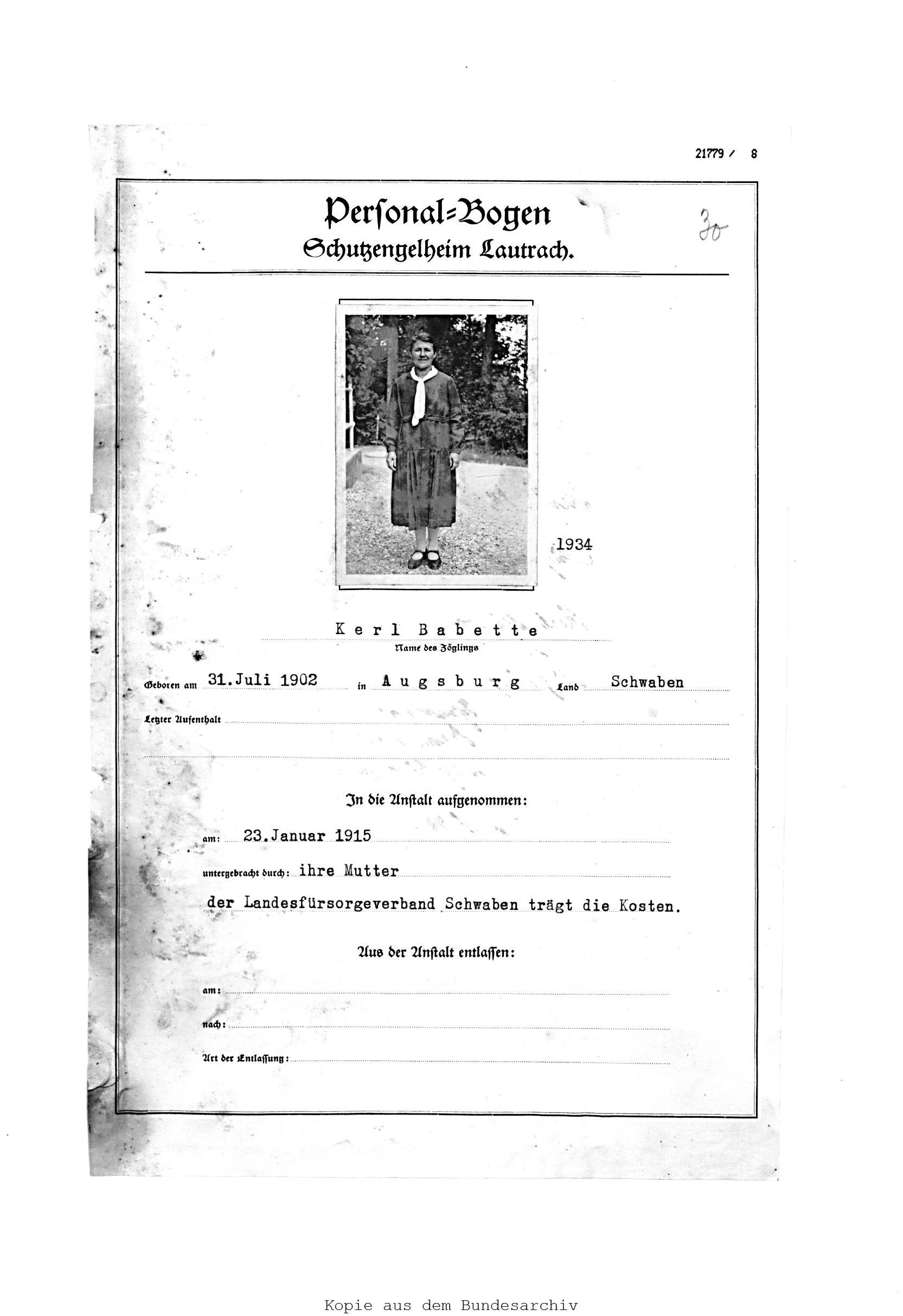 Personalbogen Babette Kerl, Schutzengelheim Lautrach. (Bundesarchiv Berlin)