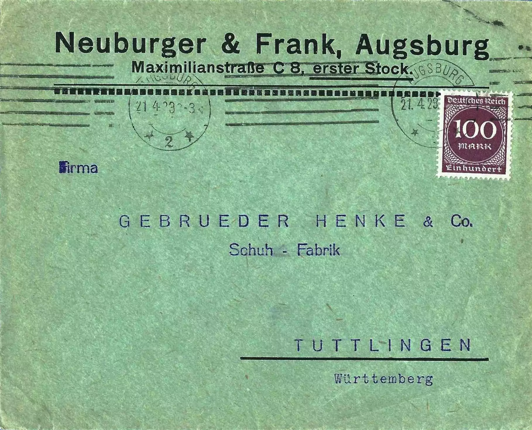 Briefumschlag der Fa. Neuburger & Frank. (Alemannia Judaica) Briefumschlag der Fa. Neuburger & Frank. (Alemannia Judaica)